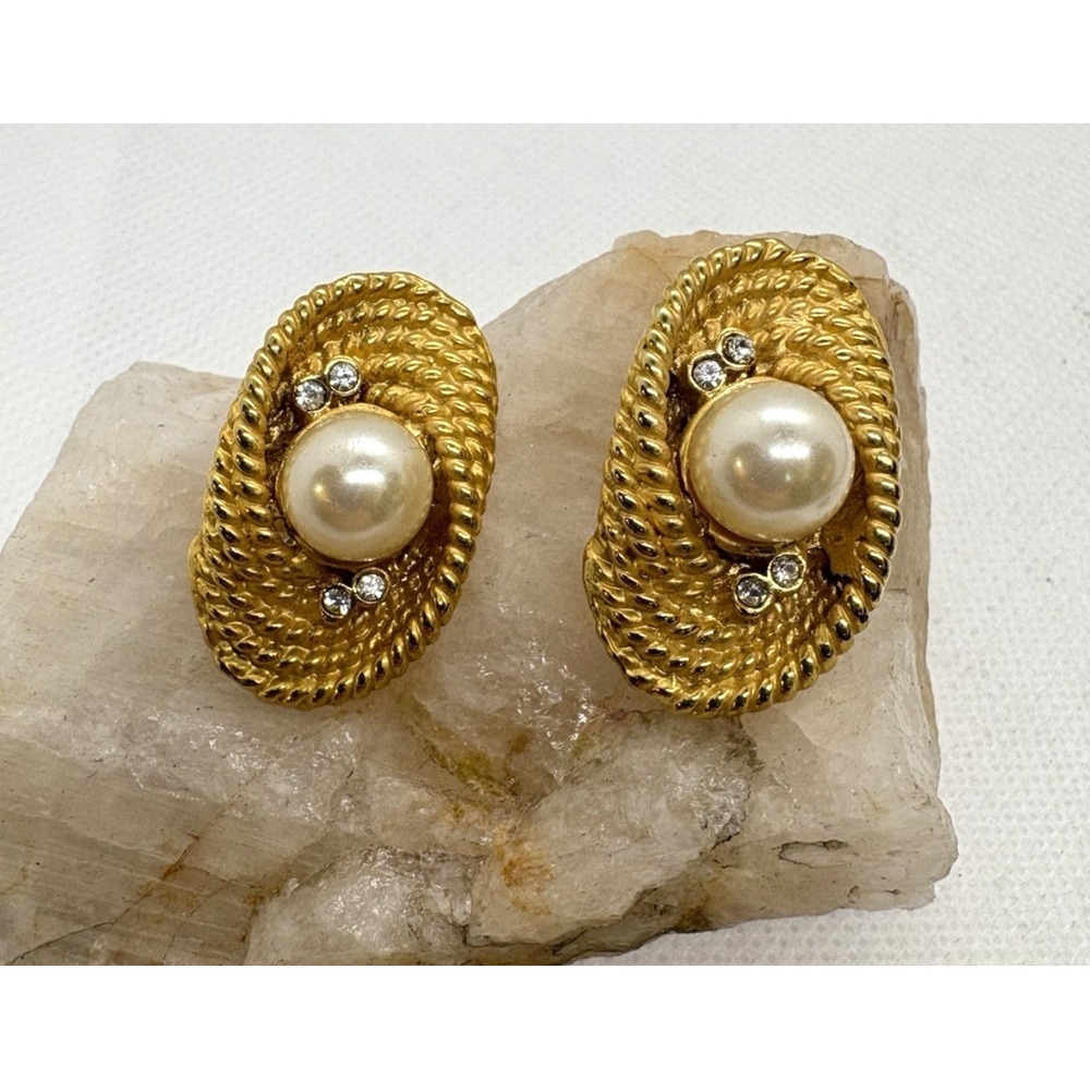 Vintage Gold Tone Clip-On Earrings Faux Pearl & Rhinestone Accents Textured Rope
